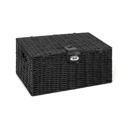 Image of Arpan Medium Resin Woven Storage Basket Box With Lid &amp; Lock Black