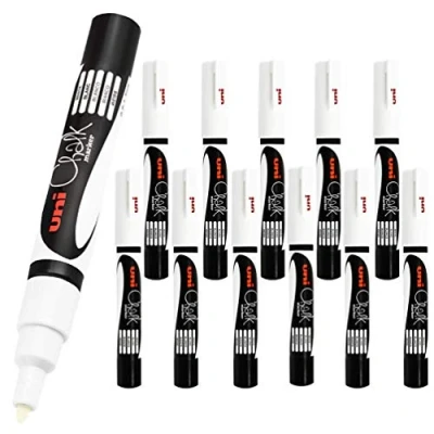 Image of 12 x Uni Ball Wet Erase Liquid Chalk Marker Pens For Glass (Windows &amp; Mirrors), Whiteboards, Signs And Non Porous Blackboards (0.9 1.3mm Bullet Tip) WHITE