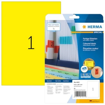 Image of HERMA Self Adhesive Coloured Labels, 1 Label per A4 Sheet, 20 Sheets, 210 x 297 mm, Blank Removable Colour Labels Stickers, Sticky for Laser &amp; Inkjet Printer, Yellow