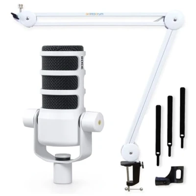 Image of RØDE Rode Podmic Professional Podcast Microphone White + Keepdrum MS138 Articulated Arm