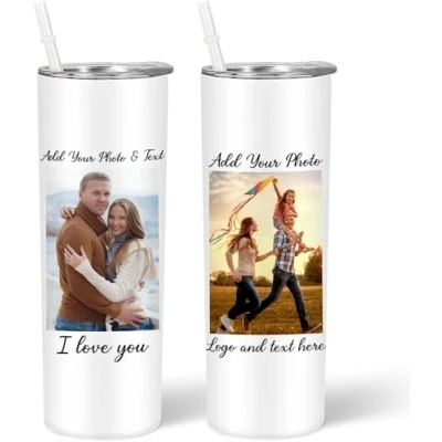 Image of EKAM Personalised Coffee Tumbler with Picture &amp; Text Travel Mug, 20oz Stainless Steel Cup Straw and Lid, Custom Gift for Christmas Day, Birthday, Any Occasion