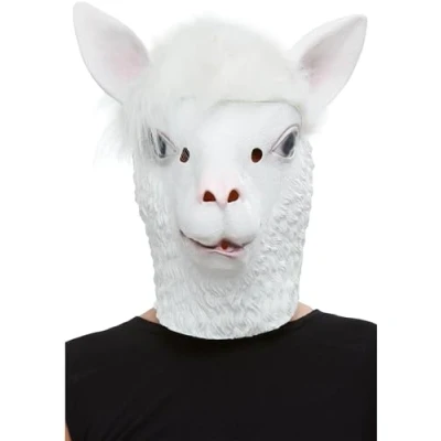 Image of Smiffys Llama Latex Mask, White Full Overhead, Party Animals Fancy Dress, Animal Dress Up Masks
