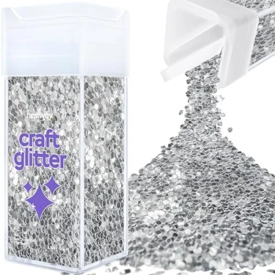 Image of Glitter for Craft Shaker Silver Resin Tumblers Cards Christmas Jewellery Candle Super Chunky Nail Face Cosmetic 110g / 3.9oz