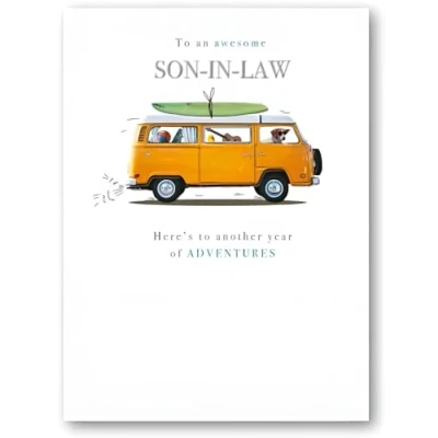 Image of Noel Tatt Son in Law Funny Birthday Card Dog Campervan with Surfboard Eco Friendly &amp; Recyclable