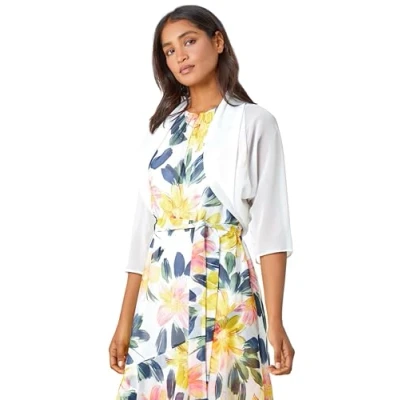 Image of Roman Originals Chiffon Bolero Shrug Jacket for Women UK Ladies Ruched Hem Cover Up Smart Formal Mesh Wrap Shimmer Cropped Blazer Wedding Guests Cardigan Cardi Crease Free Ivory Size 18