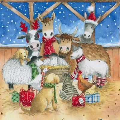 Image of GBCC Charity Christmas Cards Pack of 6 with Animals Around the Manger Design Eco Friendly Xmas Multipack Envelopes