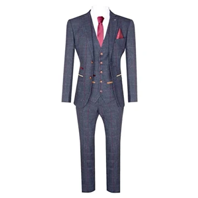 Image of Mens Herringbone Tweed Suit 3 Piece Navy Blue Peaky 1920s Tailored Fit