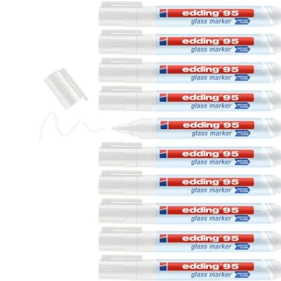 Image of edding 95 glass marker white 10 pens round nib 1.5 3 mm washable window pen for writing and marking on surfaces, windows, glassboards, whiteboards dry wipeable