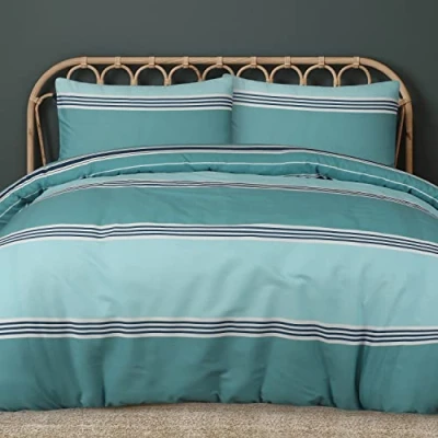 Image of Sleepdown Duvet Cover Set Teal Geometric Banded Stripe Reversible Quilt Easy Care Bed Linen Soft Cosy Bedding Sets with Pillowcases Double (200cm x 200cm)
