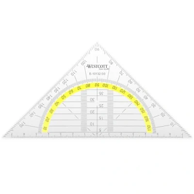 Image of Westcott 14 cm Set Square, Transparent Square Made of Unbreakable Plastic with Yellow Scale, Technical Scale &amp; Protractor for School, University or Office, E 10132 00