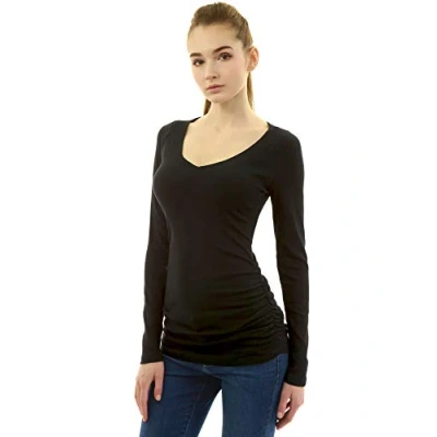 Image of AmélieBoutik Women V Neck Raglan Long Sleeve Ruched Sides Top (Black X Small 8)