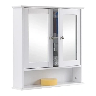 Image of Taylor &amp; Brown Double Door Mirrored Bathroom Cabinet Storage Cupboard Organiser Wall Mounted Mirror with Adjustable Shelves, White 56cm x 13cm 58cm