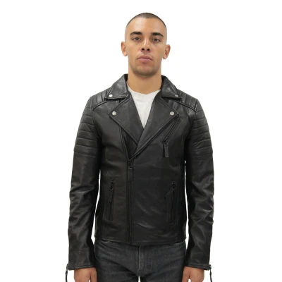 Image of Infinity Men&#039;s Black Slim Fit Cross Zip Vintage Brando Leather Biker Jacket S