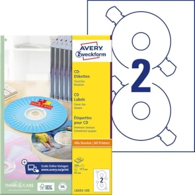 Image of Avery L6043 100 Design Your Own, Printable CD Labels, 2 Labels Per A4 Sheet