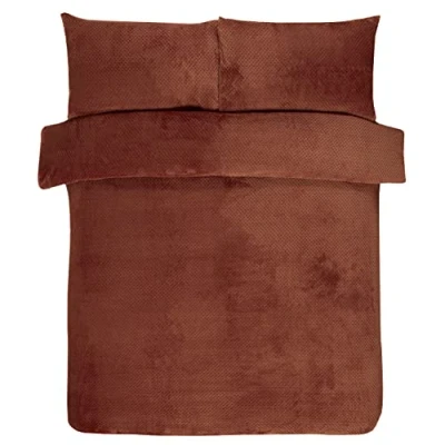 Image of Sleepdown Waffle Teddy Fleece Rust Burnt Orange Warm And Cosy Reversible Soft Duvet Cover Quilt Bedding Set With Pillowcases Super King (260cm x 230cm)