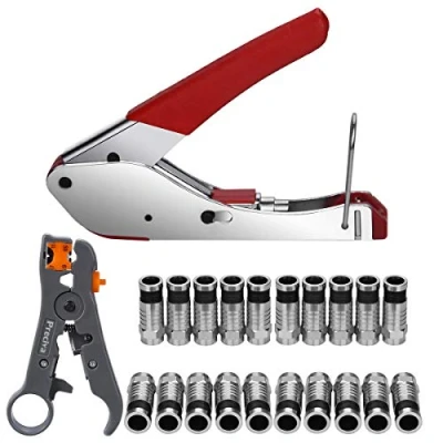 Image of Preciva Coax Cable Crimper, Coaxial Compression Tool Kit with Crimp Tool, Double Blade Wire Terminal Stripper Adjustable for RG59/6/58/174, 20 F Connectors(for RG6 Cable&amp;Cable TV)