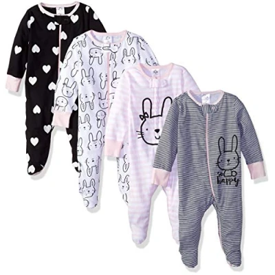 Image of Gerber Baby Girls&#039; 4 Pack Sleep &#039;N Play Footie Toddler Sleepers, Bunny Smiley, Newborn