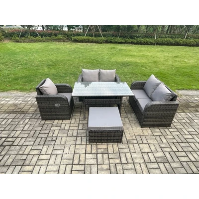 Image of Lounge Rattan Sofa Set Outdoor Garden Furniture Oblong Rectangular Dining Table With Chairs Big Footstool Dark Grey Mixed Fimous