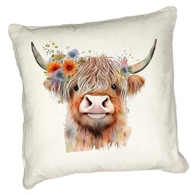 Image of Anonymous Gifting Highland Cow Printed Cushion Cover 40x40cm Linen style 1