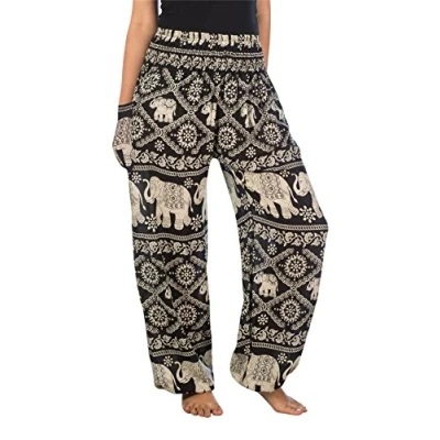 Image of Lofbaz Harem Pants for Women Yoga Boho Hippie Clothing Palazzo Bohemian Beach Trousers Maternity Pajama Indian Gypsy Travel Clothes Elephant 1 Black M