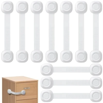 Image of ECHOCUBE Child Safety Drawer Locks, Baby Proofing Cabinet Strap Locks with Adhesive 10 Packs, Adjustable for Cupboard, Fridge, Toilet, Trash (White)