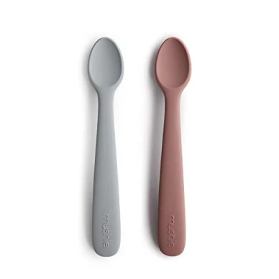 Image of Mushie Baby Feeding Spoons BPA Free Silicone 2 Pack Dishwasher Safe Durable Toddler Utensils Cloudy Mauve