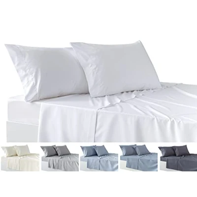 Image of Todocama 4 Piece Bedding Set Fitted Sheet Top Two Pillowcases 50 x 80 cm (Bed 180 190/200 cm, White)