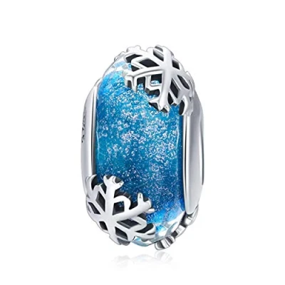 Image of Murano Glass Bead Sterling Silver Core Charms For Pandora Charm Bracelets (Blue Snowflakes Charms)
