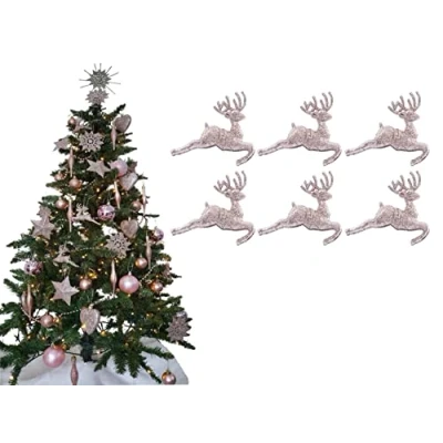Image of Pack of 6 Hanging Glitter Reindeer Christmas Tree Decorations 2.2cm x 9.5cm (Rose Gold)