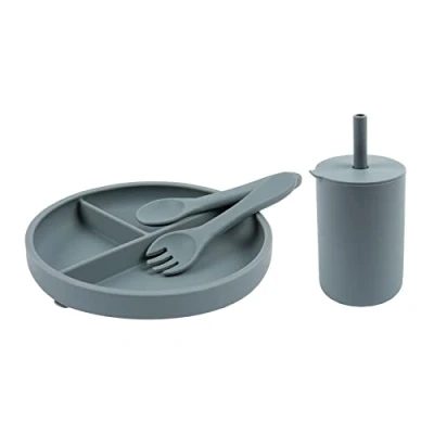Image of Tiny Dining Baby Feeding Set Tradewinds 4pc Silicone with Divided Suction Plate, Sippy Cup, Weaning Fork &amp; Spoon for Babies, Toddlers Kids