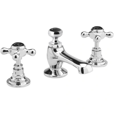 Image of Hudson Reed Old London BC407HX Topaz Traditional Bathroom 3 Hole Basin Mixer Taps with Crosshead Handles and Hexagonal Collars Pop Up Waste, 94mm x 246mm, Chrome/Black, 3TH