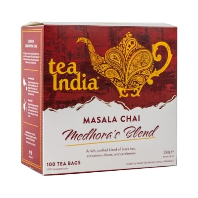 Image of Tea India Medhora&#039;s Blend Masala Chai Bags (100 Bulk) Rainforest Alliance Certified Biodegradable Black Spiced of Tea, Ginger Cinnamon