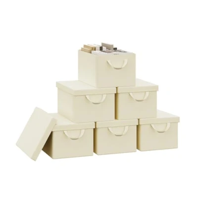 Image of WOLTU Storage Boxes Set of 6, Baskets, Cubes with Handles and Lid, Fabric Folding Baskets for Shelves in Bedroom, Study, Children&#039;s Room, Metal Frame, Cream, 38x20x27 cm