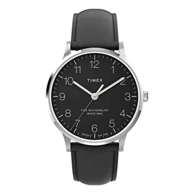 Image of Timex Men&#039;s Waterbury 40mm Watch Stainless Steel Case with Black Dial and Leather Strap TW2V01500