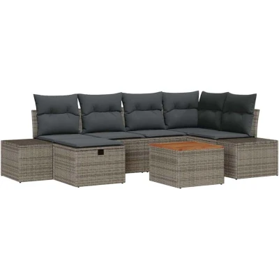 Image of vidaXL 7 Piece Garden Dining Set with Cushions Grey Poly Rattan Acacia