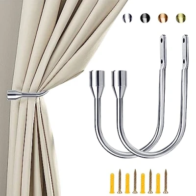 Image of ALEENFOON U Design Curtain Tieback Hook Metal Tie Back Holdbacks Tiebacks 2 Pieces (Silver)
