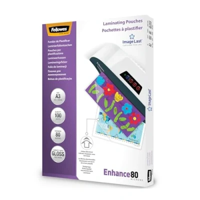 Image of Fellowes A3 Laminating Pouches Gloss Finish 100 Sheets 160 Micron (2 x 80 Micron) High Quality with Image Last Directional Mark Ideal for Photos and Notices