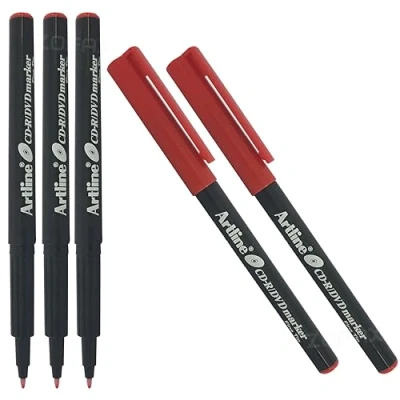 Image of artline Fine Tip RED CD DVD Marker Pen Fade Water Resistant For Most Surfaces (5 x Markers)