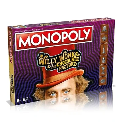 Image of Winning Moves Willy Wonka and the Chocolate Factory Monopoly Board Game, Advance to Slugworth, Charlie Bucket Furnace trade your way success, great gift for ages 8 plus