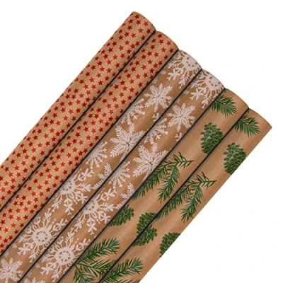 Image of Hallmark Christmas Wrapping Paper, Pack of 6 Brown Kraft Gift Wrap, 3M Each, 3 Festive Designs, Stars, Snowflakes, Trees