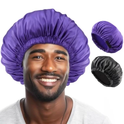 Image of Lolalet 2 PCS Satin Bonnet Durag, Man’s Night Cap for Sleeping, Silk Hair Head Wrap Curls Braids Black &amp; Purple
