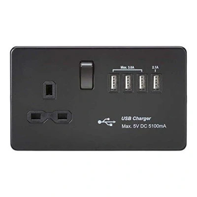 Image of KnightsBridge Screwless 13A switched socket with quad USB charger (5.1A) Matt Black