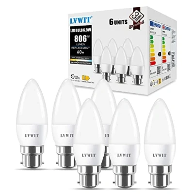Image of LVWIT B22 LED Candle Large Bayonet Bulbs,6.5W Bulbs 60W Equivalent,2700K Warm White Cap, 806Lm, 240 Degree Beam Angle,220 240V,Non Dimmable (Pack of 6)