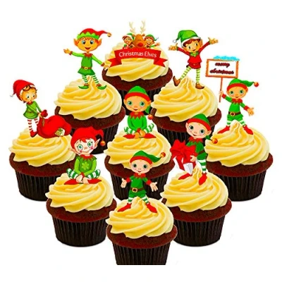 Image of Made4You Christmas Elves Party Pack Edible Cupcake Toppers Stand up Wafer Cake Decorations (Pack of 36)