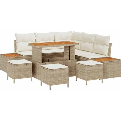 Image of vidaXL 9 Piece Garden Sofa Set with Cushions Beige Poly Rattan Acacia