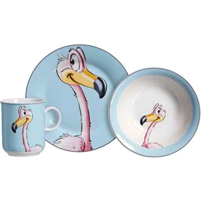 Image of Ritzenhoff &amp; Breker Happy Zoo Flo 3 Piece Children&#039;s Tableware Set, Flamingo