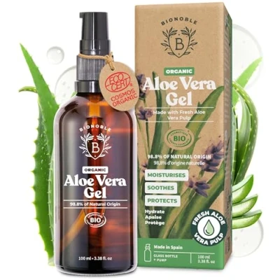 Image of Bionoble Organic Aloe Vera Gel 100ml Made with 100% Pure Fresh Pulp and Lavender Xanthan Free Face, Eye Contour, Body, Hair Glass Bottle + Pump