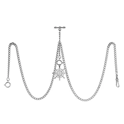 Image of TREEWETO Men&#039;s Double Albert Chain Pocket Watch Curb Link Key 3 Hooks with Antique Silver Rudder Pendant Design Charm Fob T Bar