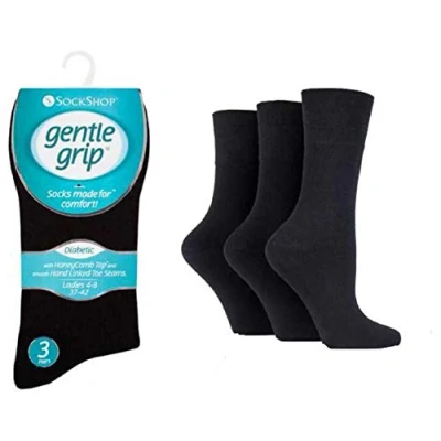 Image of Ladies Diabetic Gentle Grip HoneyComb Top Non Elastic Seamless Socks 3 Pairs (Black) Size 4 8