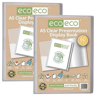 Image of eco A5 Size 50 Percent Recycled 60 Pocket Clear Presentation Display Book, Storage Case Portfolio Art Folder with Plastic Sleeves, Pack of 2, eco131x2